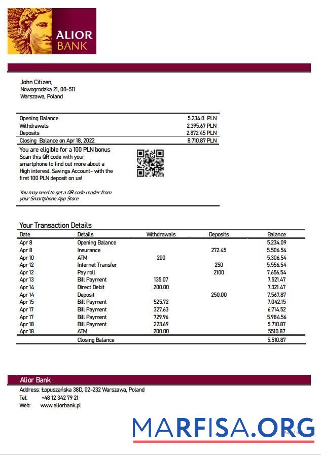 Blank Poland Alior bank statement word example